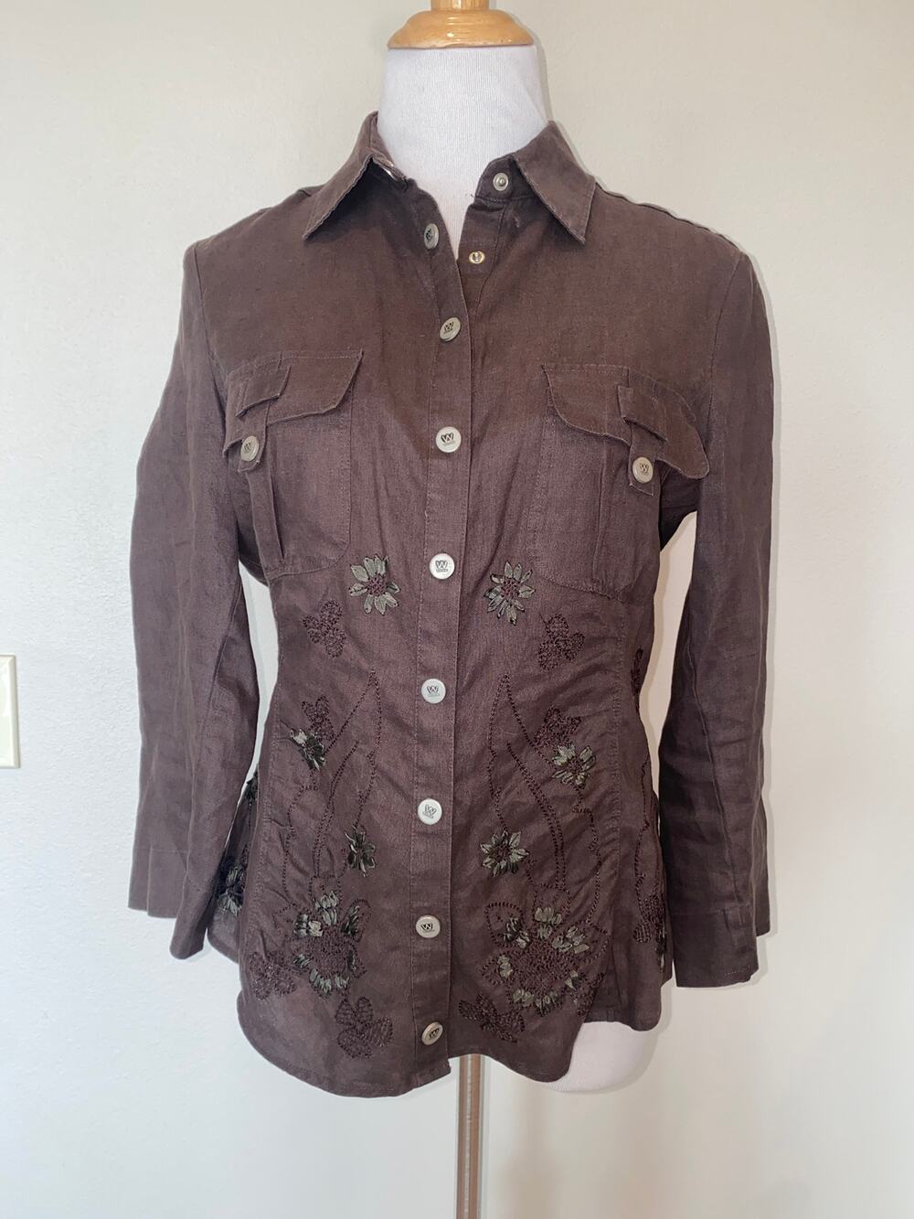 Max Mara Weekend Utility Shirt Embroidered Ribbon Detail Chocolate Brown Linen M